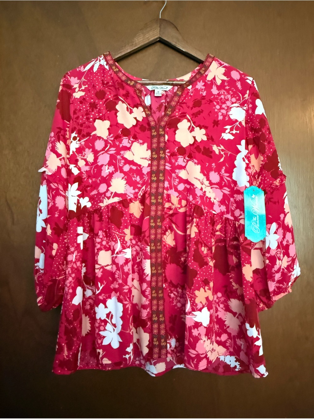 Pioneer Women Floral 3/4 Sleeve Blouson Top, Pink Medium
